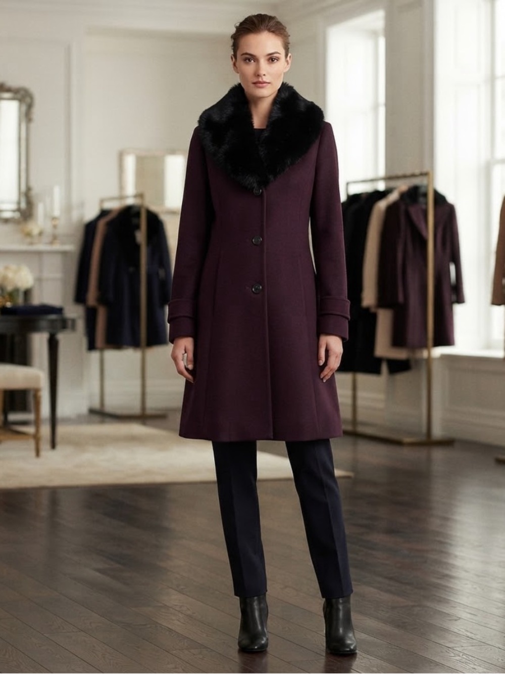 Lauren Ralph Lauren Burgundy Wool Blend Faux Fur Collar Coat Sz 8 LR2533